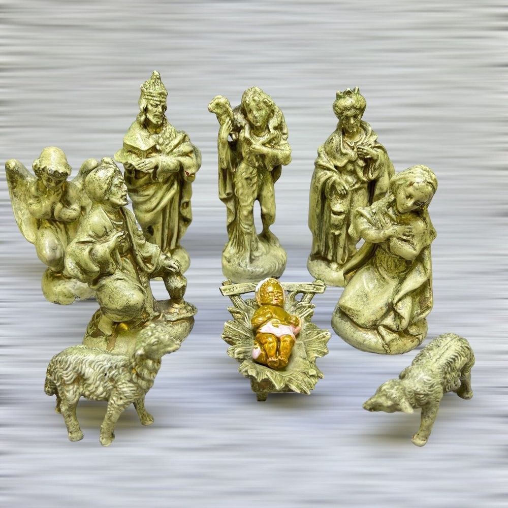 VTG Nativity Paper Mache 9 Figurine Set Baby Jesus Manger Mary Joseph Wise Men